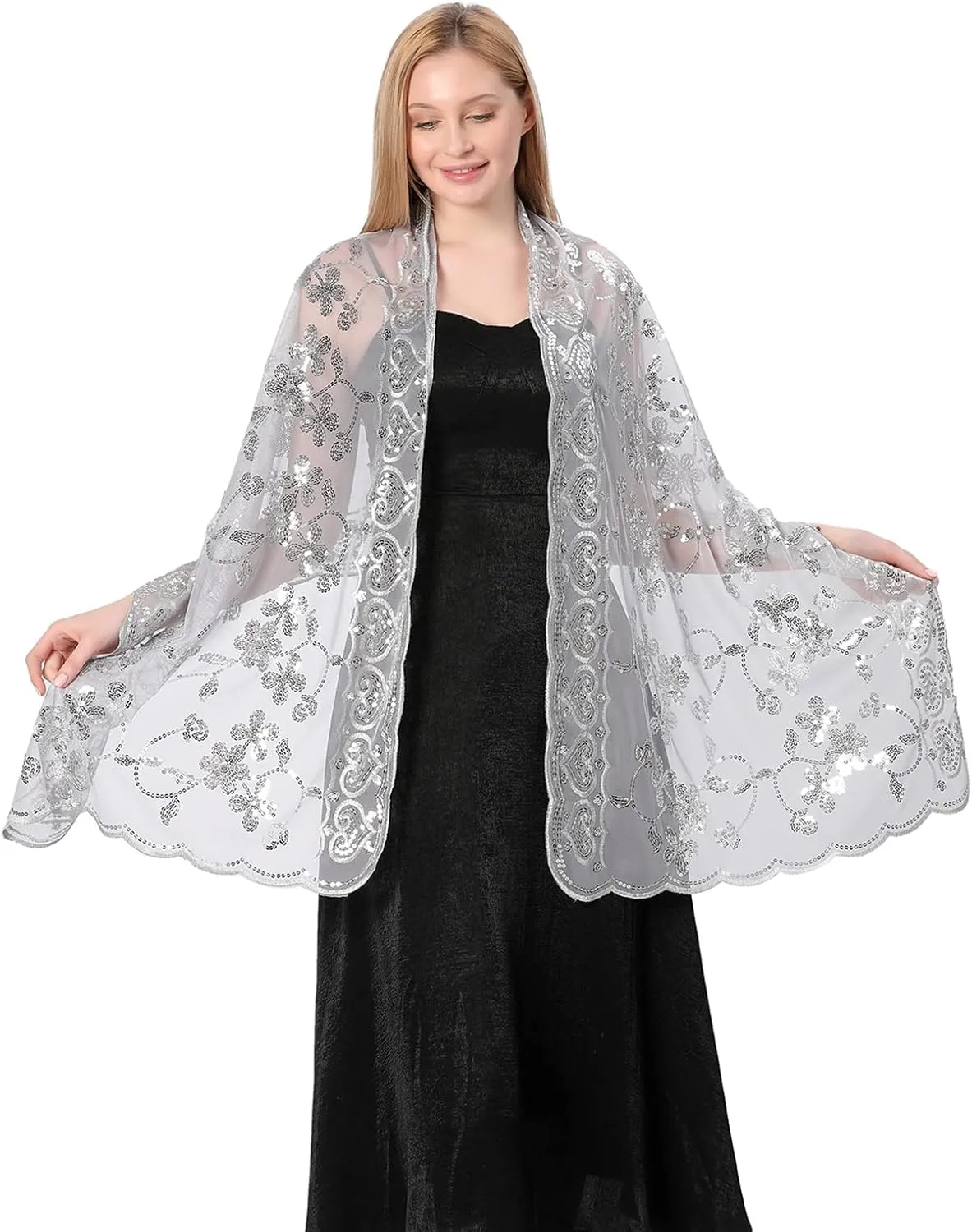 Shawls and Wraps for Evening Dresses,Women Formal 1920s Sequin Flower Sheer Shawls and Wraps for Wedding-