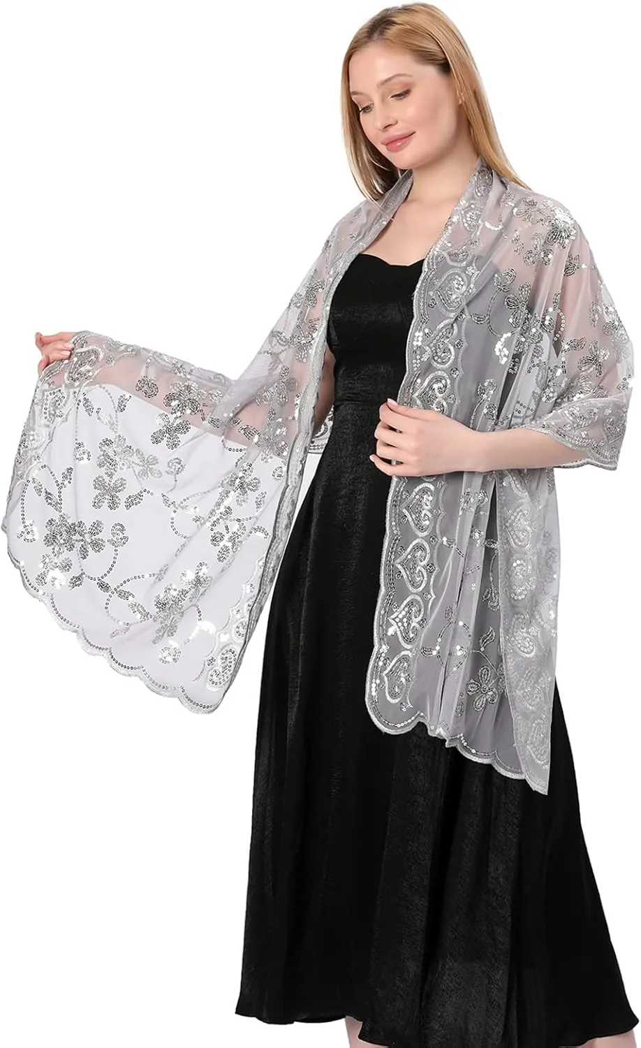 Shawls and Wraps for Evening Dresses,Women Formal 1920s Sequin Flower Sheer Shawls and Wraps for Wedding-