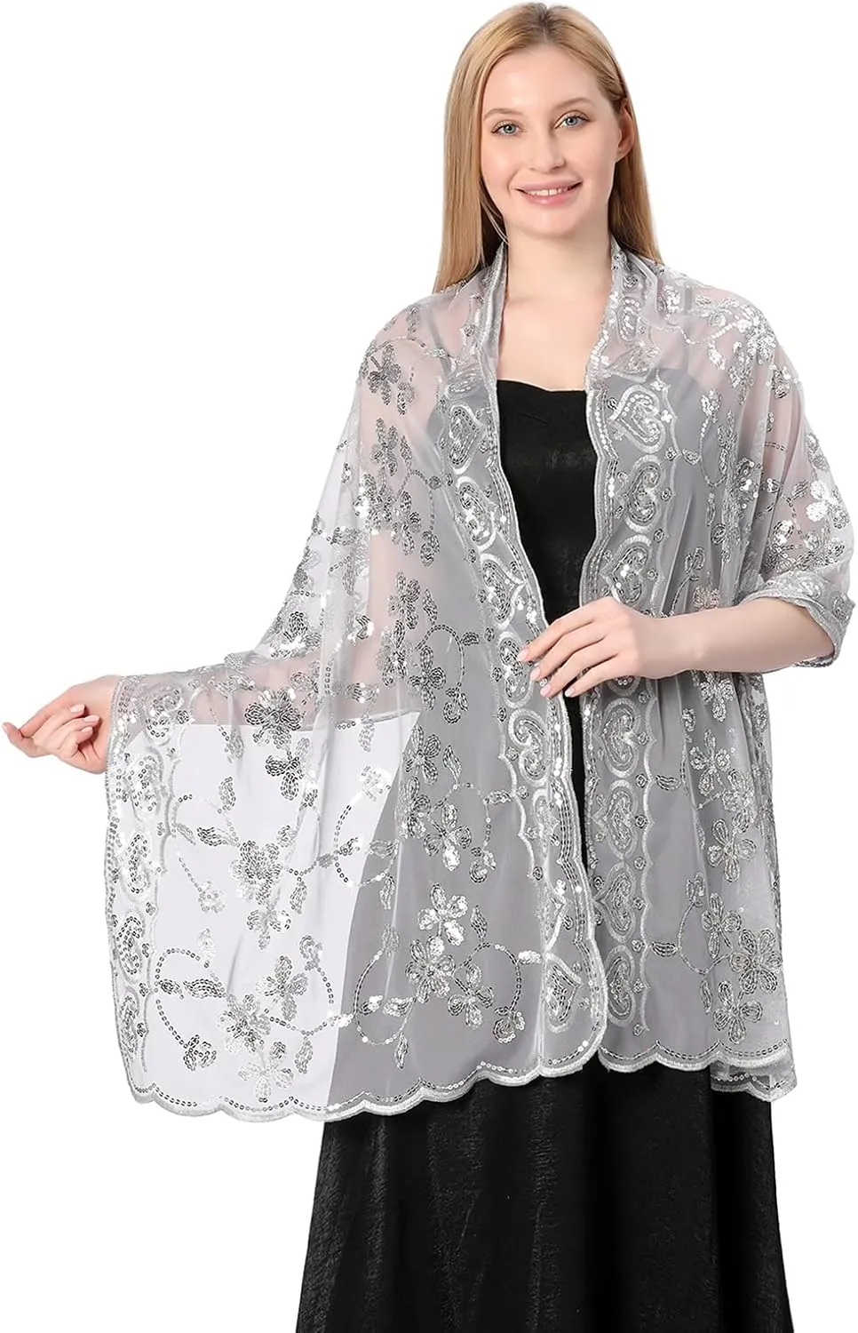 Shawls and Wraps for Evening Dresses,Women Formal 1920s Sequin Flower Sheer Shawls and Wraps for Wedding-