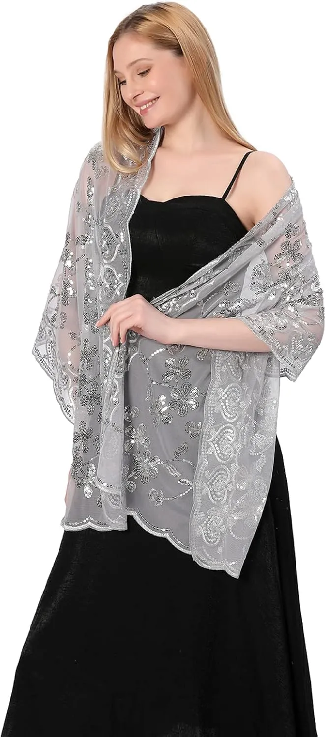Shawls and Wraps for Evening Dresses,Women Formal 1920s Sequin Flower Sheer Shawls and Wraps for Wedding-