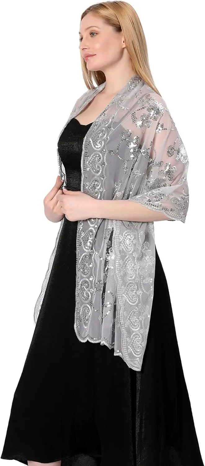 Shawls and Wraps for Evening Dresses,Women Formal 1920s Sequin Flower Sheer Shawls and Wraps for Wedding-