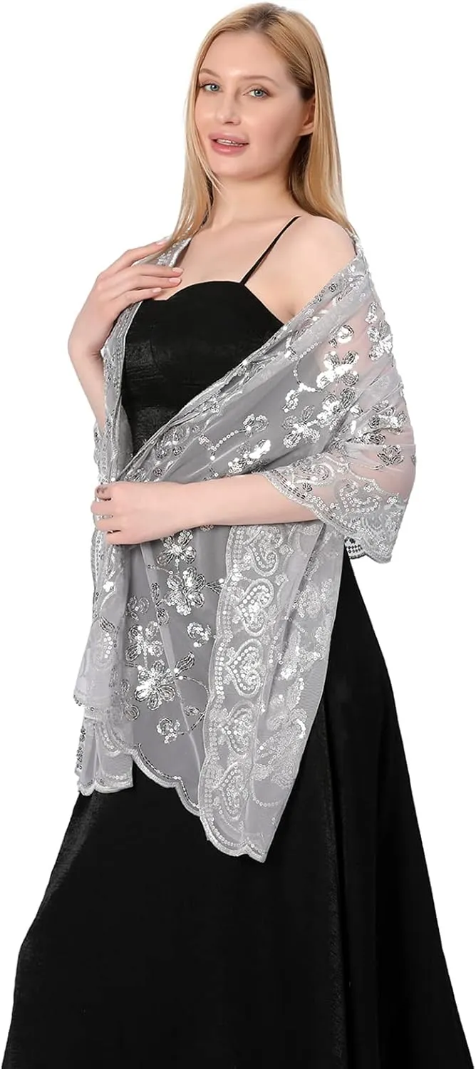 Shawls and Wraps for Evening Dresses,Women Formal 1920s Sequin Flower Sheer Shawls and Wraps for Wedding-