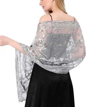 Shawls and Wraps for Evening Dresses,Women Formal 1920s Sequin Flower Sheer Shawls and Wraps for Wedding-