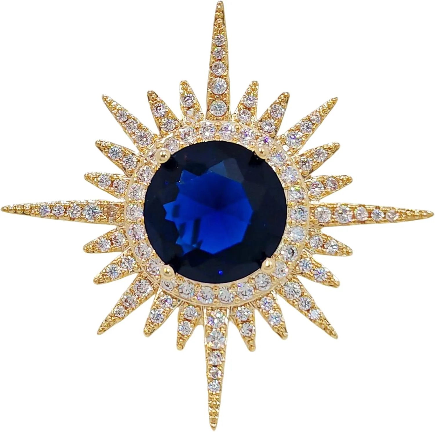 Shiny CZ Sunburst Brooch Pin, Deep Blue Center Stone, Gold Tone with Rhinestones