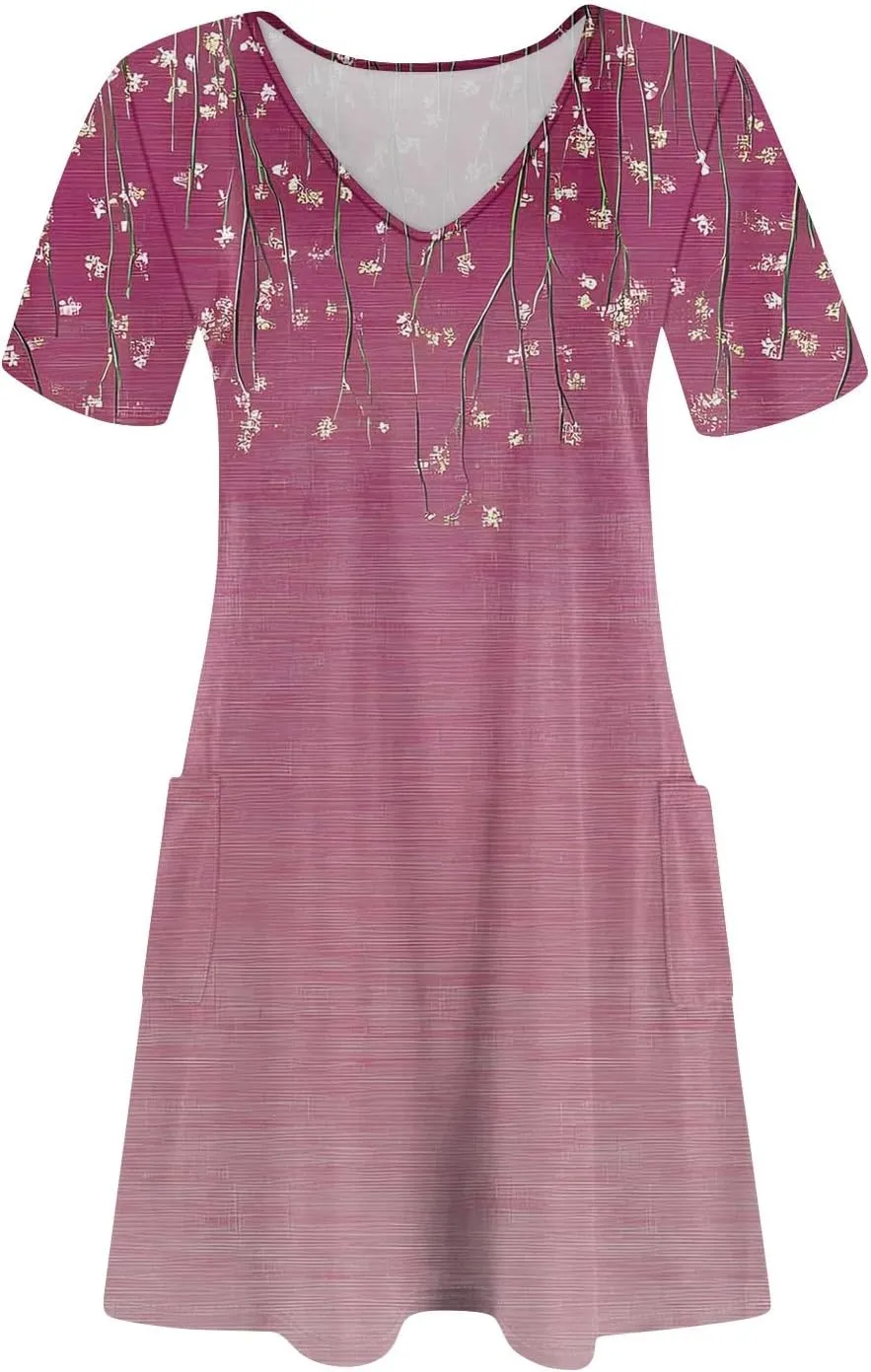 Short Sleeve Dress for Women Casual V Neck Summer Mini Dresses Beach Vacation Loose Flowy Sundress with Pockets