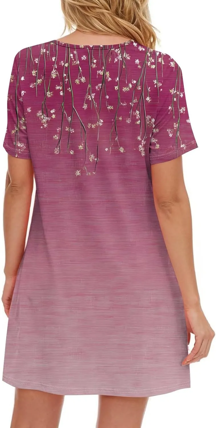 Short Sleeve Dress for Women Casual V Neck Summer Mini Dresses Beach Vacation Loose Flowy Sundress with Pockets