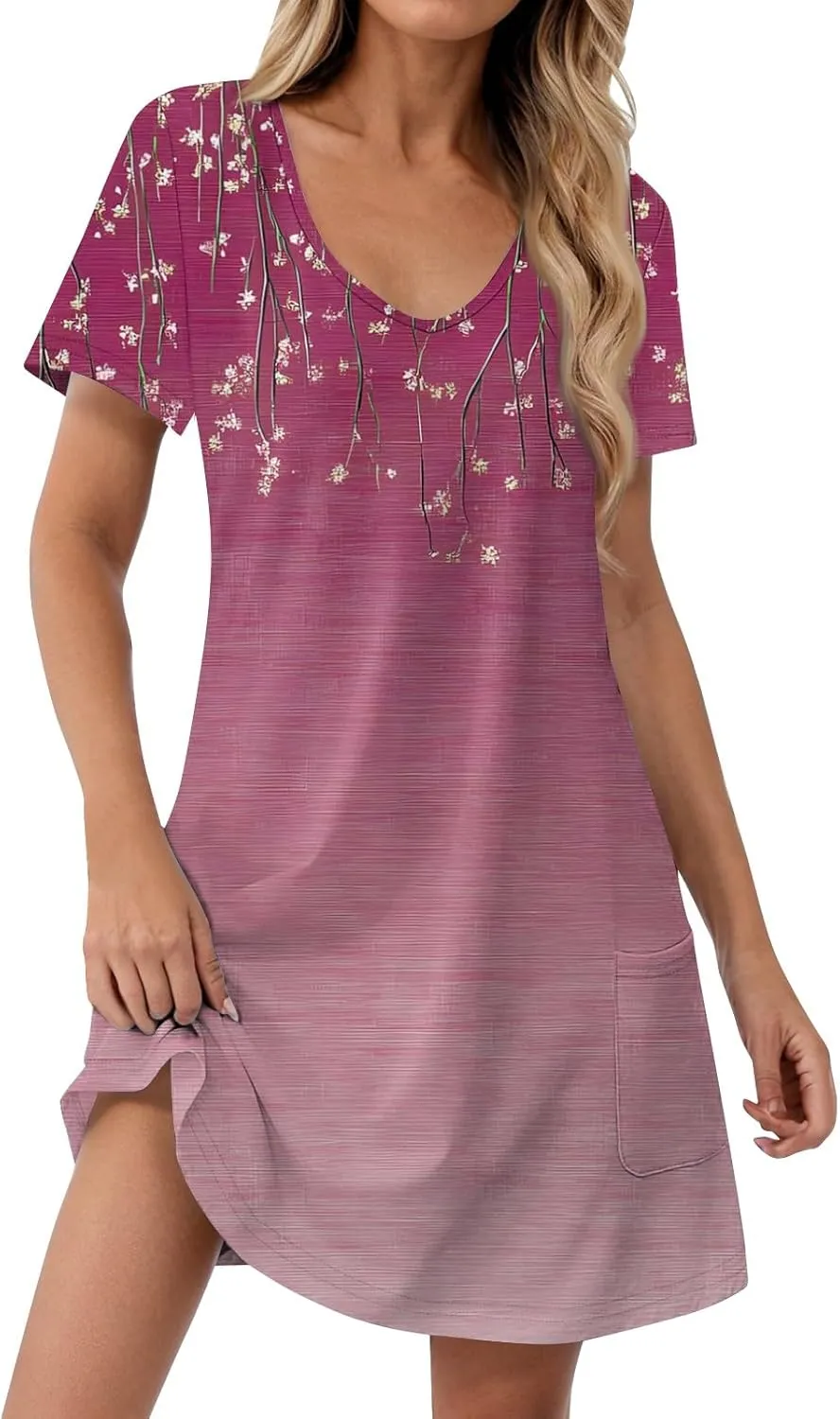 Short Sleeve Dress for Women Casual V Neck Summer Mini Dresses Beach Vacation Loose Flowy Sundress with Pockets