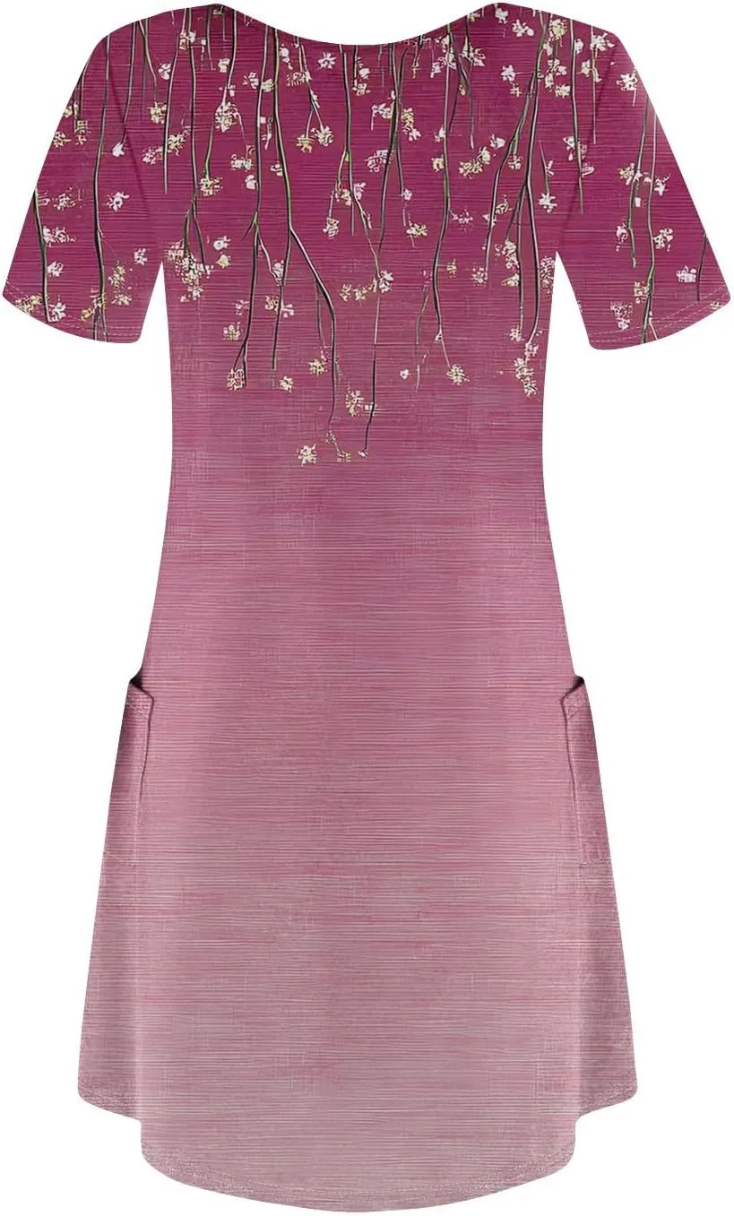 Short Sleeve Dress for Women Casual V Neck Summer Mini Dresses Beach Vacation Loose Flowy Sundress with Pockets