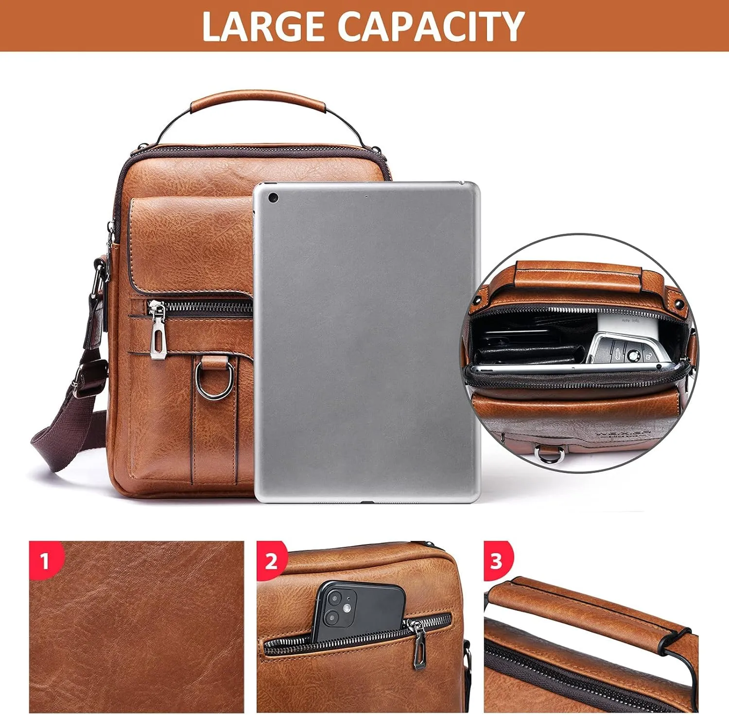 Shoulder Leather Bag Messenger Pack for Men Travel Business Work Casual Day CrossBody Handbag Bag Men's Gift