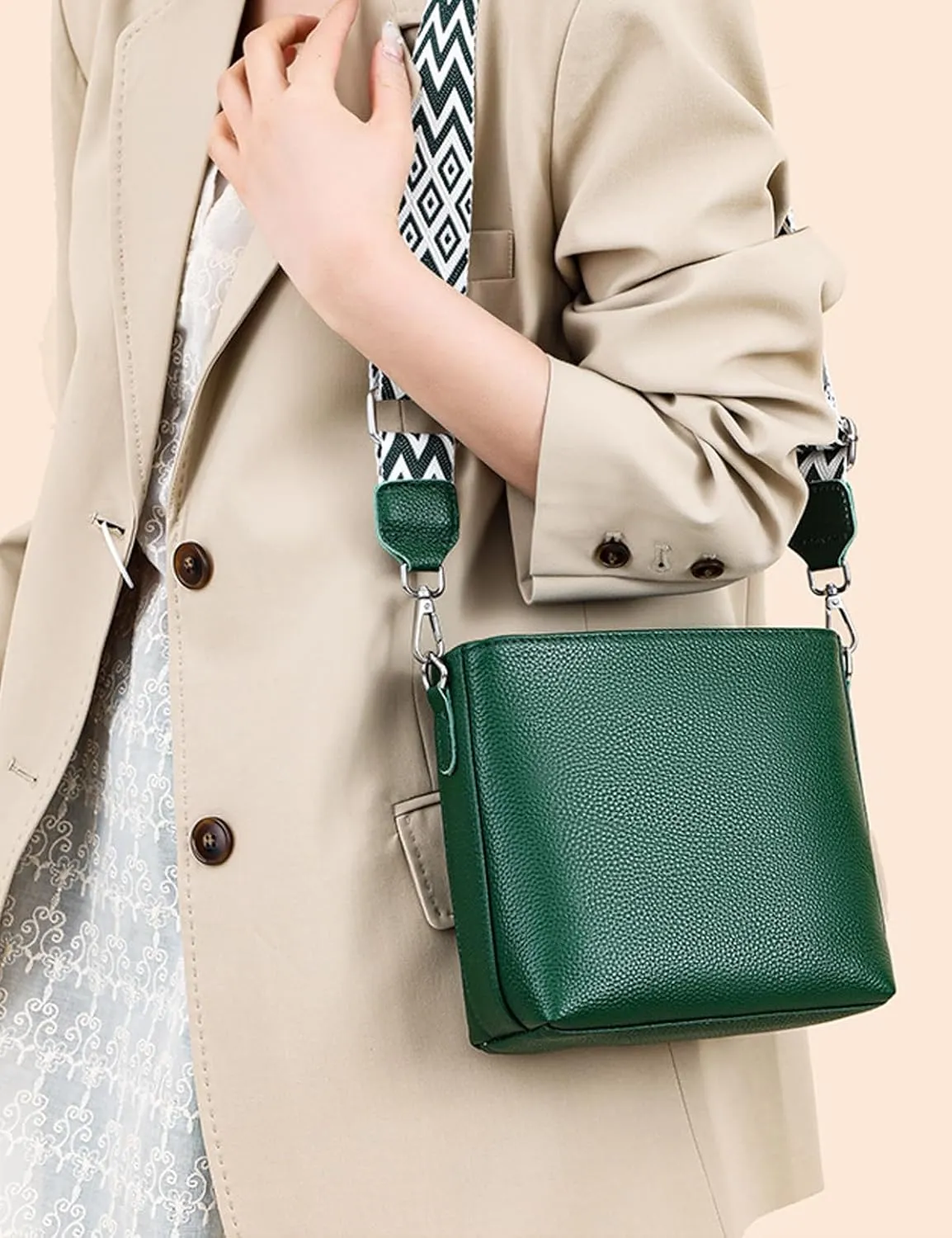 Simple Fashion Bucket Handbag For Women Real Genuine Leather Crossbody Shoulder Bags With Geometric Pattern Strap