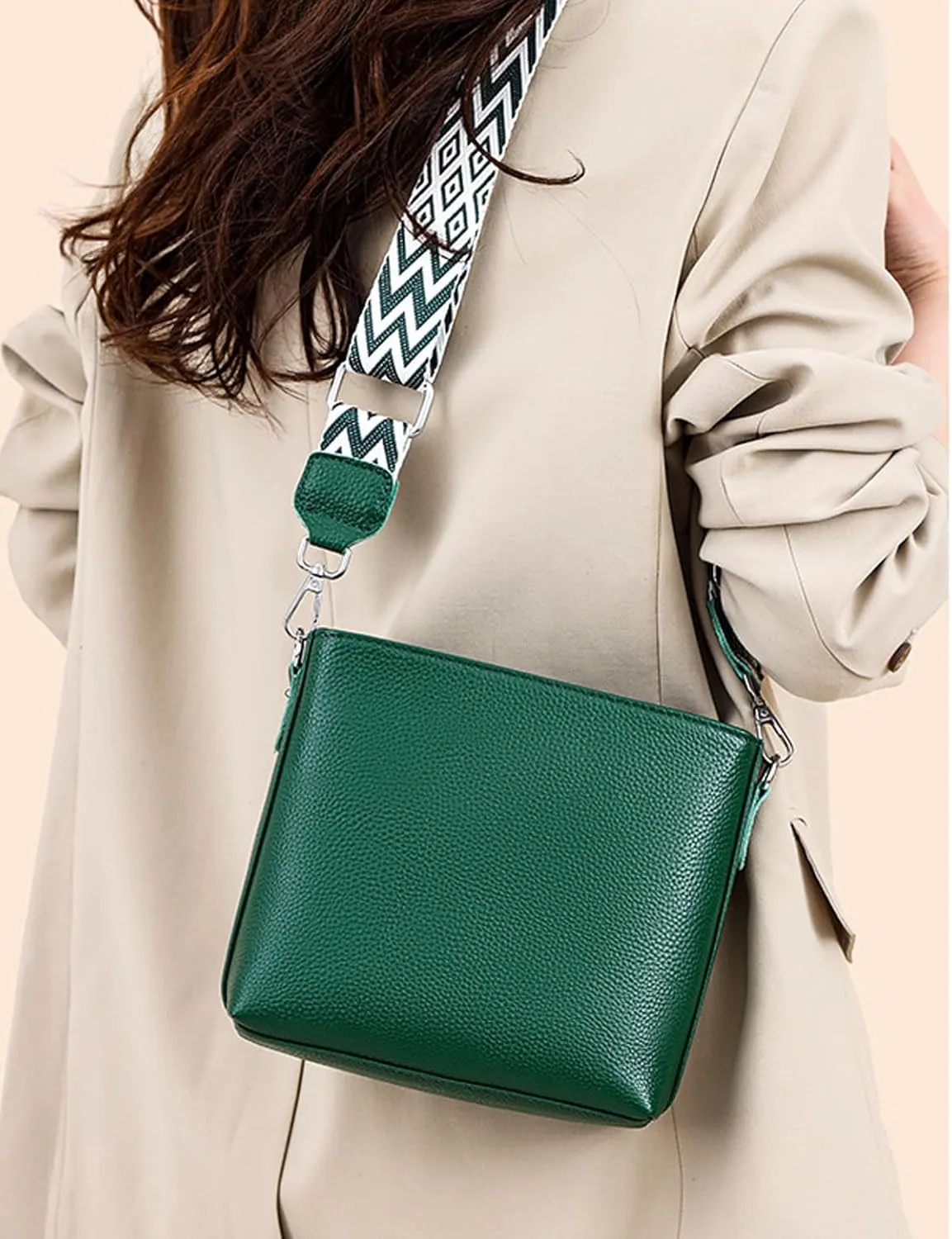 Simple Fashion Bucket Handbag For Women Real Genuine Leather Crossbody Shoulder Bags With Geometric Pattern Strap