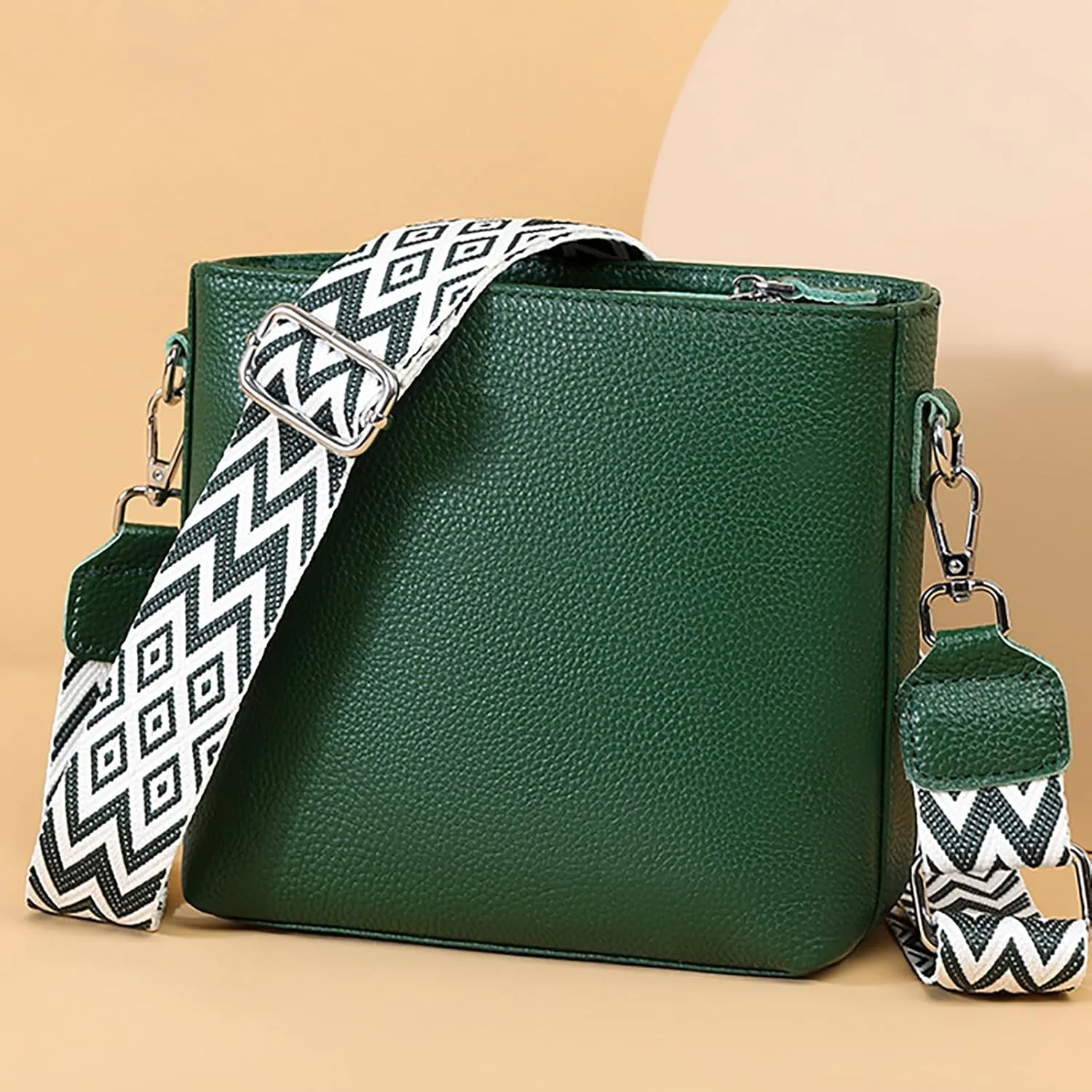 Simple Fashion Bucket Handbag For Women Real Genuine Leather Crossbody Shoulder Bags With Geometric Pattern Strap
