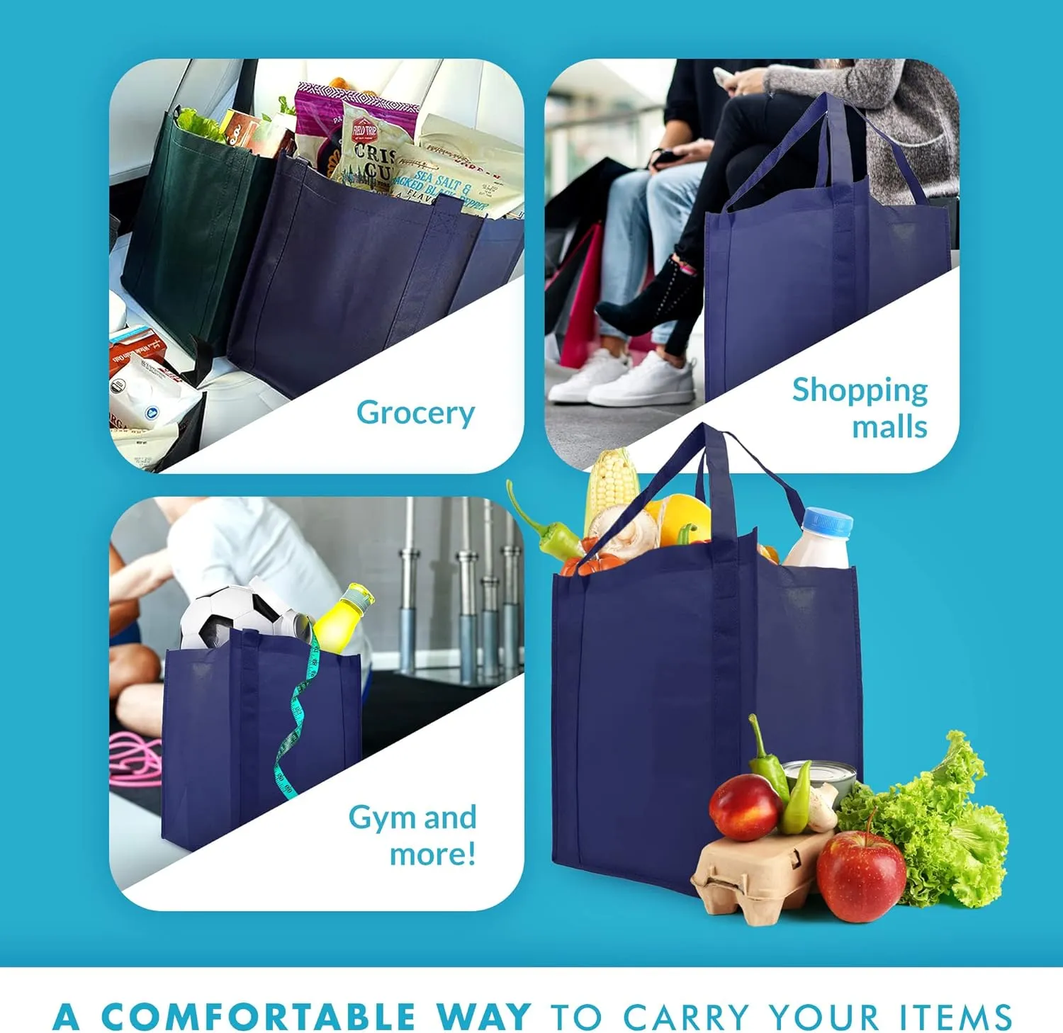 Simply Green Solutions - Reusable Grocery Bags, Wide Tote Bags with 20-Inch Reinforced Handle, Shopping Bags for Groceries, Reusable Gift Bags with Handles, 13 x 15 x 10, Pack of 10, Navy Blue