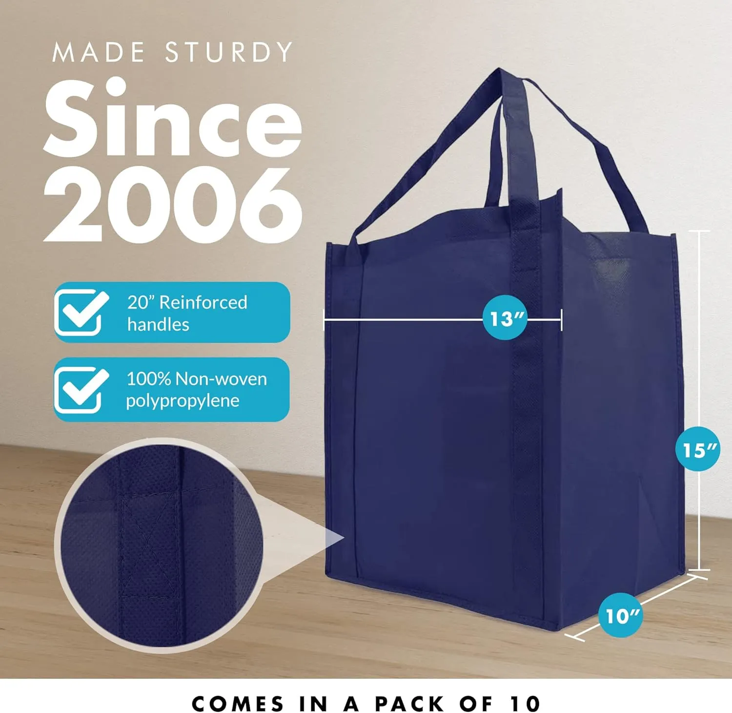 Simply Green Solutions - Reusable Grocery Bags, Wide Tote Bags with 20-Inch Reinforced Handle, Shopping Bags for Groceries, Reusable Gift Bags with Handles, 13 x 15 x 10, Pack of 10, Navy Blue
