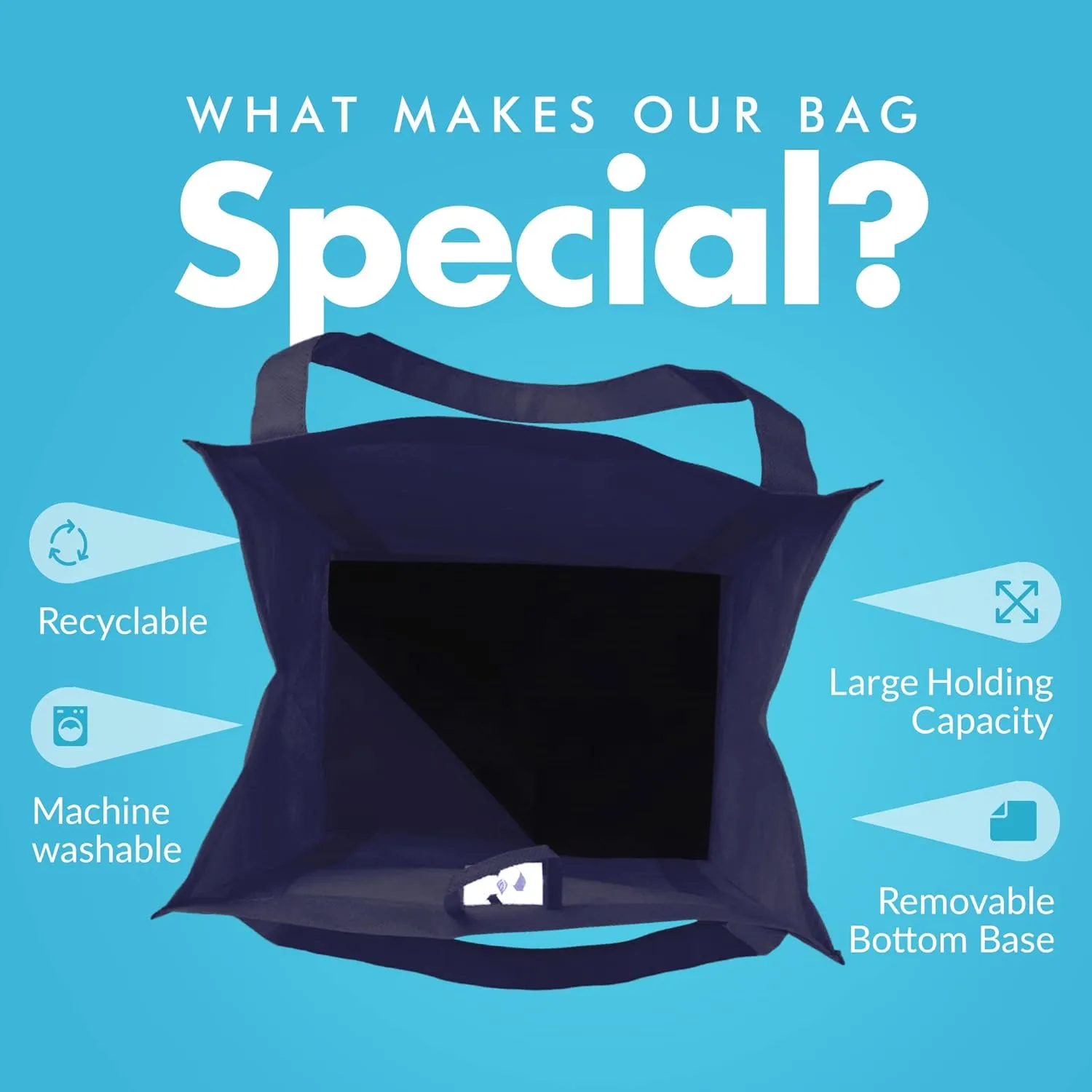 Simply Green Solutions - Reusable Grocery Bags, Wide Tote Bags with 20-Inch Reinforced Handle, Shopping Bags for Groceries, Reusable Gift Bags with Handles, 13 x 15 x 10, Pack of 10, Navy Blue