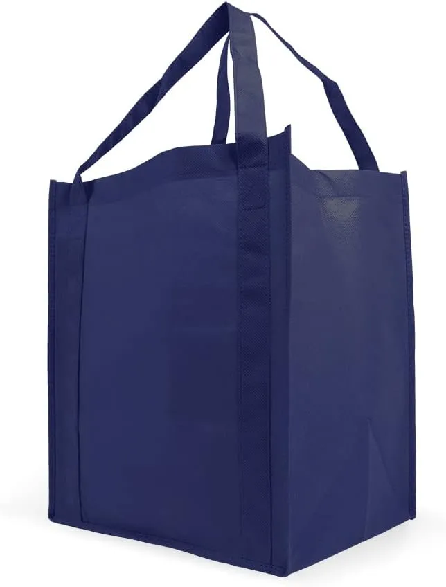 Simply Green Solutions - Reusable Grocery Bags, Wide Tote Bags with 20-Inch Reinforced Handle, Shopping Bags for Groceries, Reusable Gift Bags with Handles, 13 x 15 x 10, Pack of 10, Navy Blue