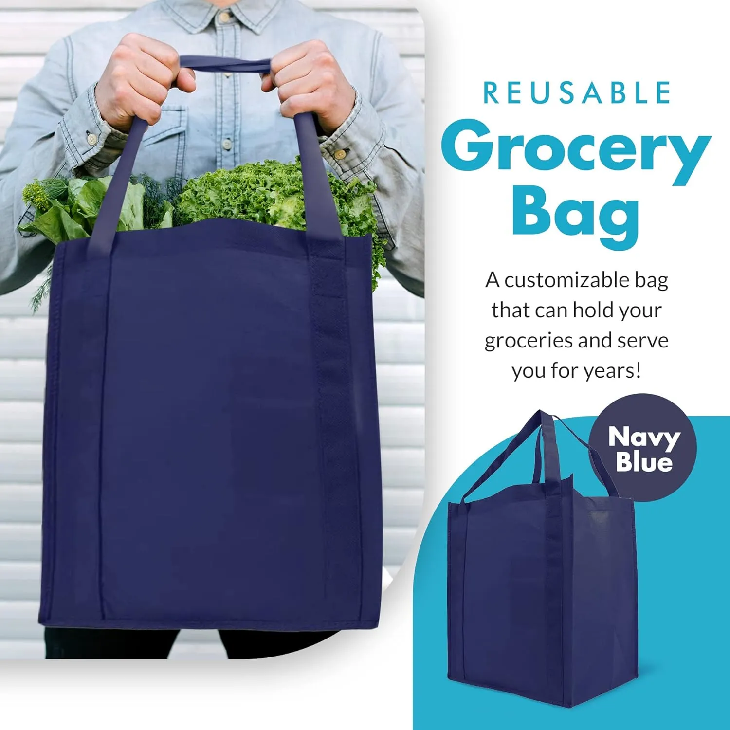 Simply Green Solutions - Reusable Grocery Bags, Wide Tote Bags with 20-Inch Reinforced Handle, Shopping Bags for Groceries, Reusable Gift Bags with Handles, 13 x 15 x 10, Pack of 10, Navy Blue