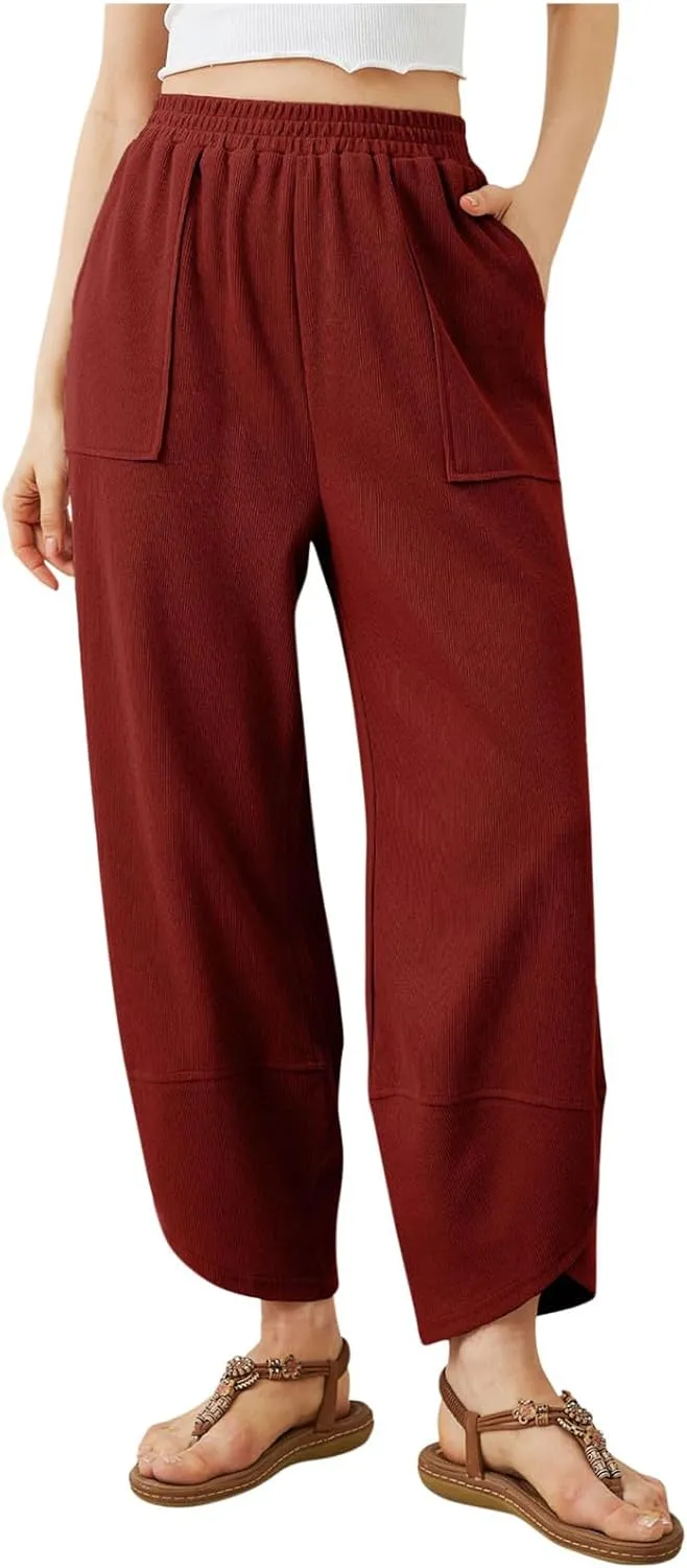 Sinzelimin Womens Harem Pants Fashion Solid Color Elastic Waist Loose Comfy Casual Bootcut Wide Leg Sweatpant with Pockets