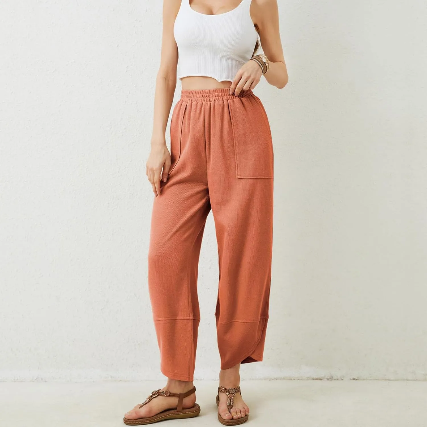 Sinzelimin Womens Harem Pants Fashion Solid Color Elastic Waist Loose Comfy Casual Bootcut Wide Leg Sweatpant with Pockets