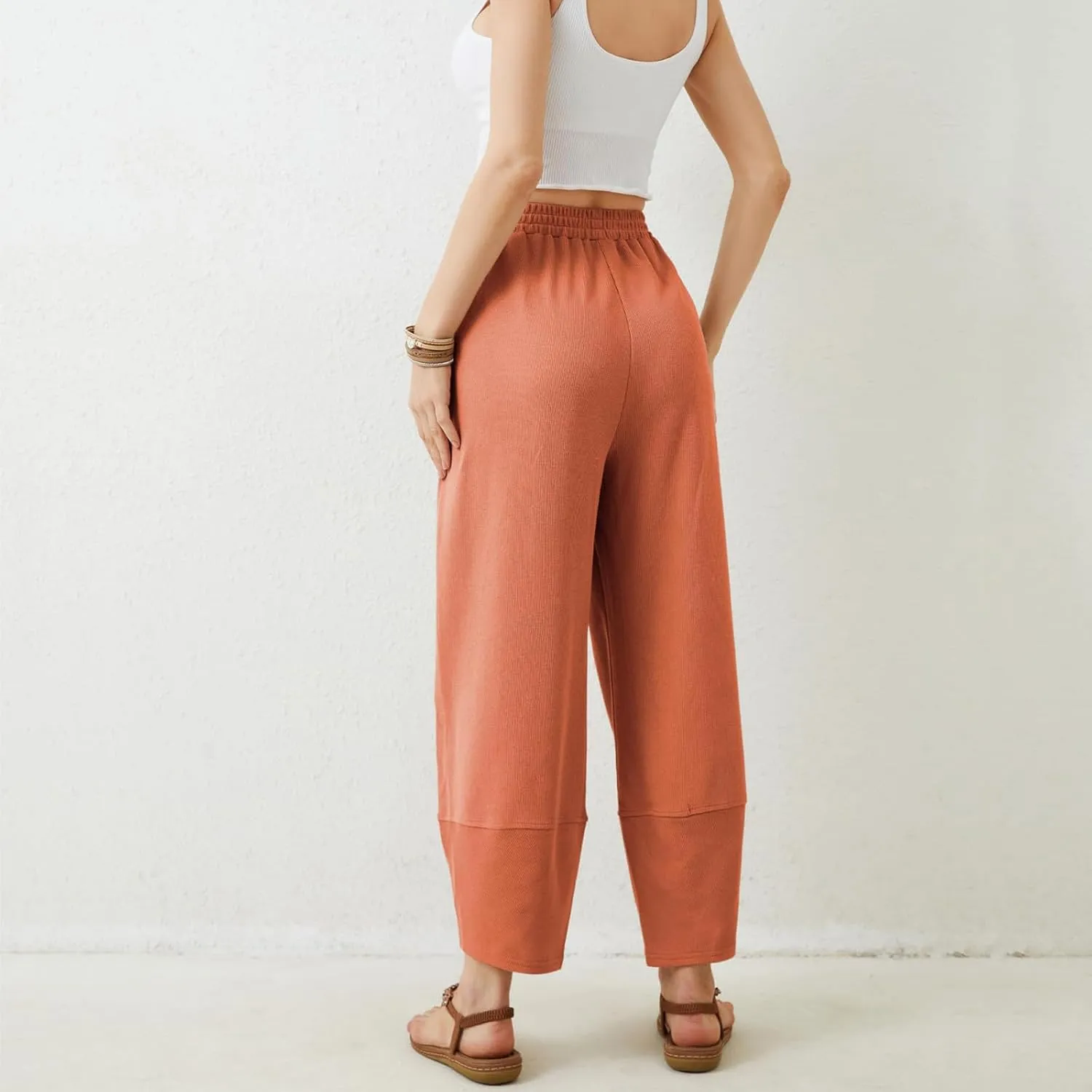 Sinzelimin Womens Harem Pants Fashion Solid Color Elastic Waist Loose Comfy Casual Bootcut Wide Leg Sweatpant with Pockets
