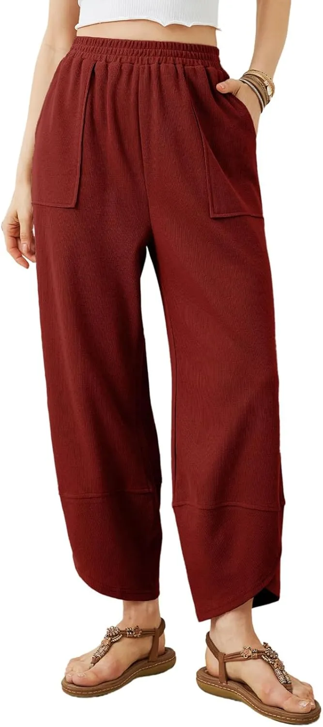 Sinzelimin Womens Harem Pants Fashion Solid Color Elastic Waist Loose Comfy Casual Bootcut Wide Leg Sweatpant with Pockets