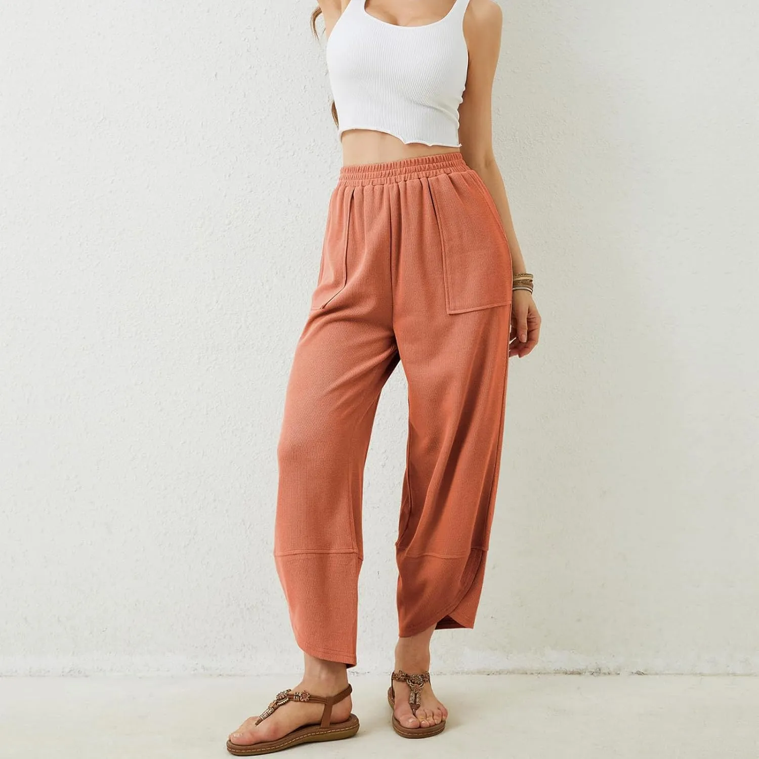 Sinzelimin Womens Harem Pants Fashion Solid Color Elastic Waist Loose Comfy Casual Bootcut Wide Leg Sweatpant with Pockets