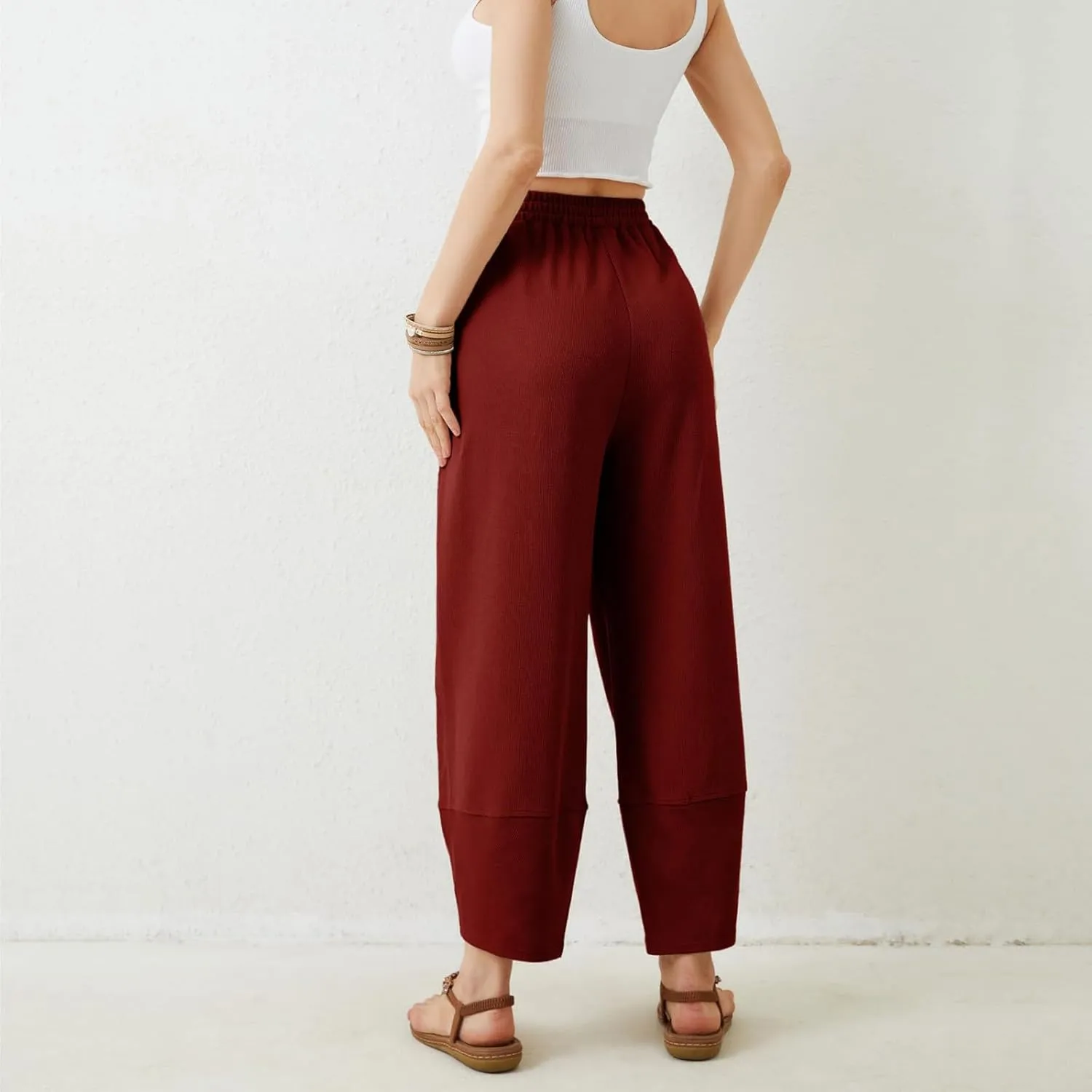 Sinzelimin Womens Harem Pants Fashion Solid Color Elastic Waist Loose Comfy Casual Bootcut Wide Leg Sweatpant with Pockets