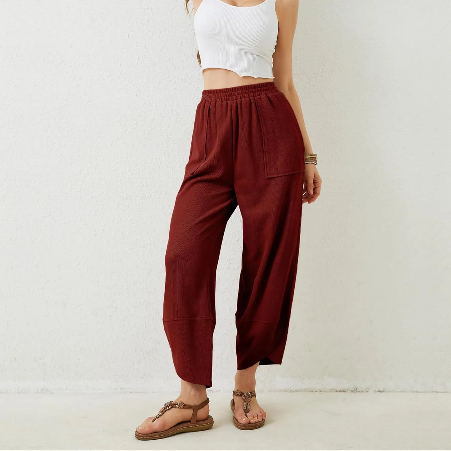 Sinzelimin Womens Harem Pants Fashion Solid Color Elastic Waist Loose Comfy Casual Bootcut Wide Leg Sweatpant with Pockets