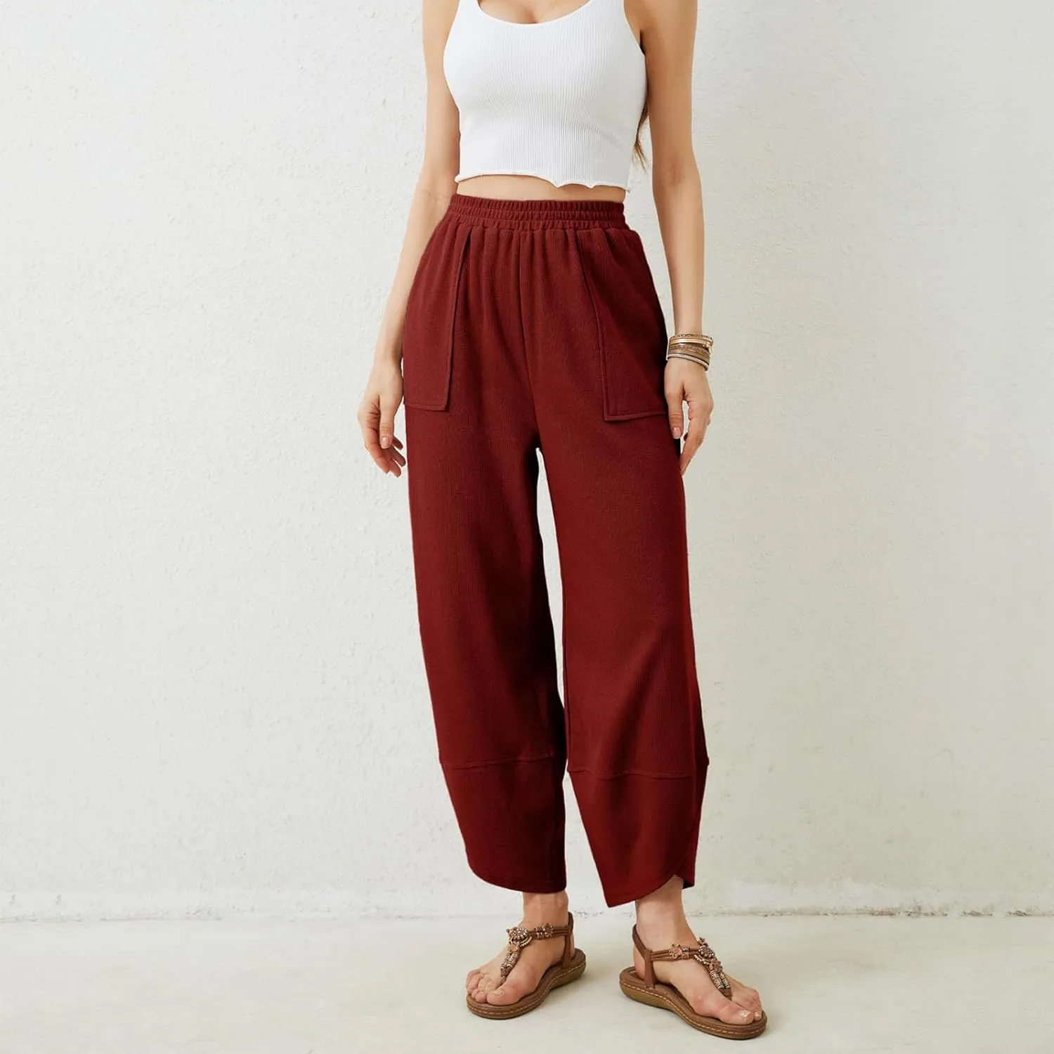Sinzelimin Womens Harem Pants Fashion Solid Color Elastic Waist Loose Comfy Casual Bootcut Wide Leg Sweatpant with Pockets