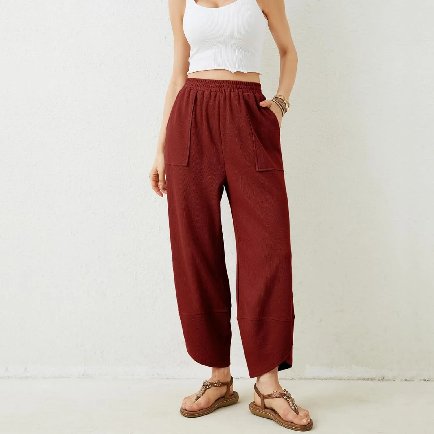 Sinzelimin Womens Harem Pants Fashion Solid Color Elastic Waist Loose Comfy Casual Bootcut Wide Leg Sweatpant with Pockets