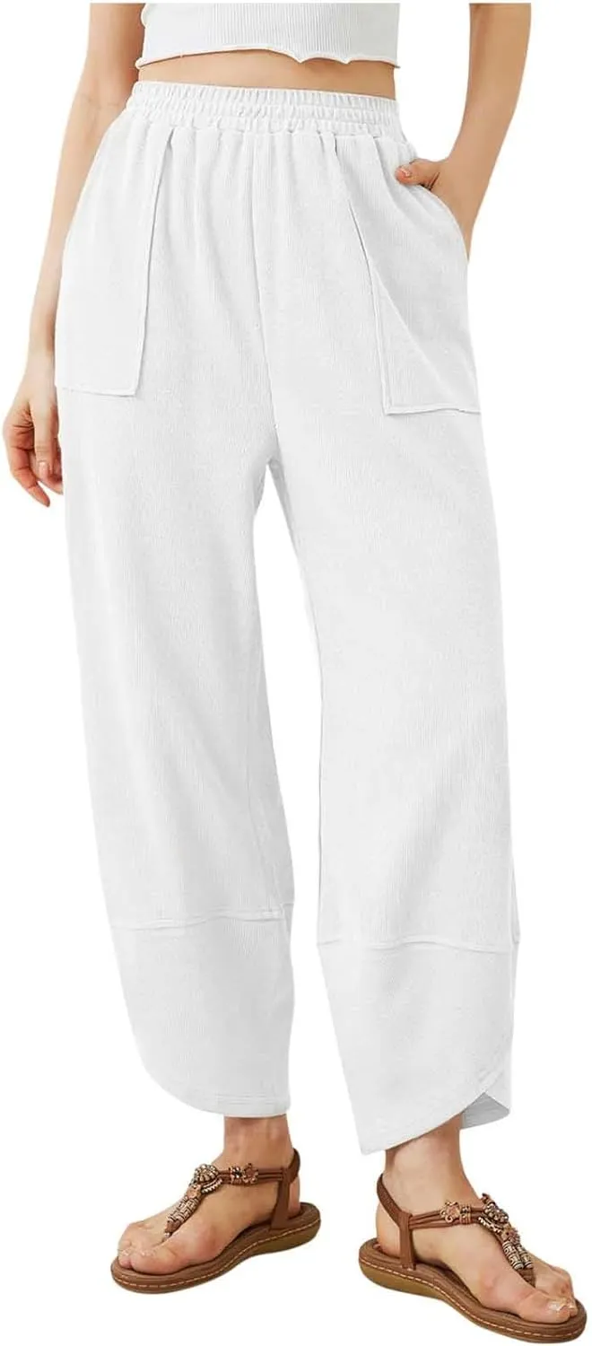 Sinzelimin Womens Harem Pants Fashion Solid Color Elastic Waist Loose Comfy Casual Bootcut Wide Leg Sweatpant with Pockets