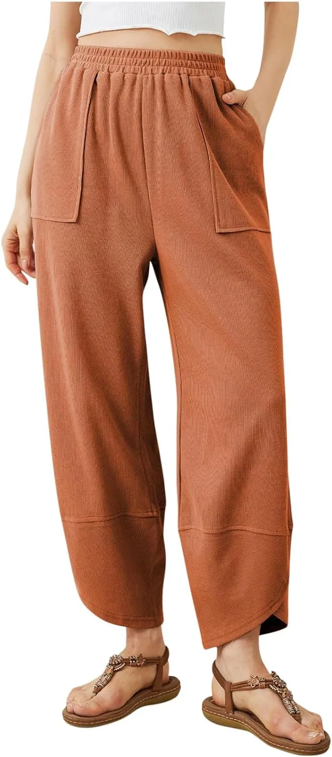 Sinzelimin Womens Harem Pants Fashion Solid Color Elastic Waist Loose Comfy Casual Bootcut Wide Leg Sweatpant with Pockets