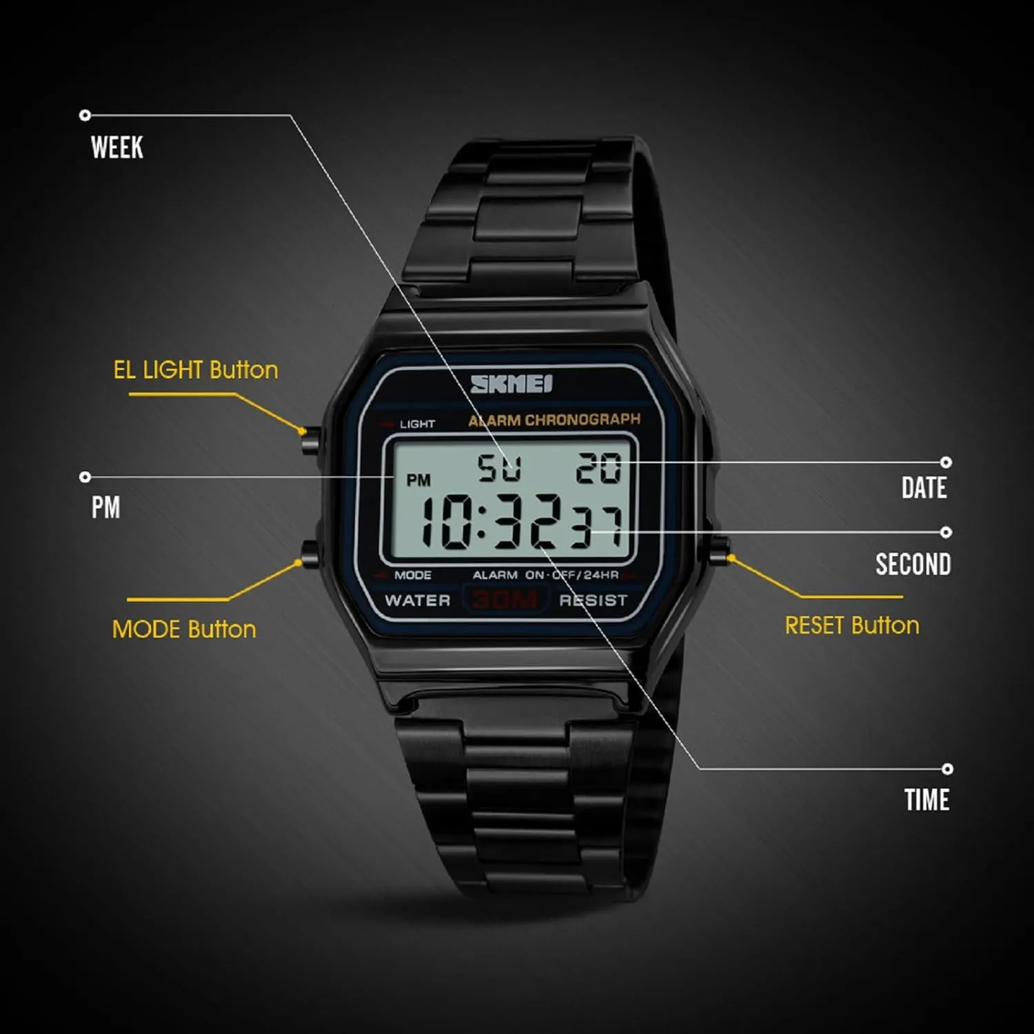 SKMEI Men's Digital Watch with Waterproof Classic Fashion Business Stainless Steel Sports Watch