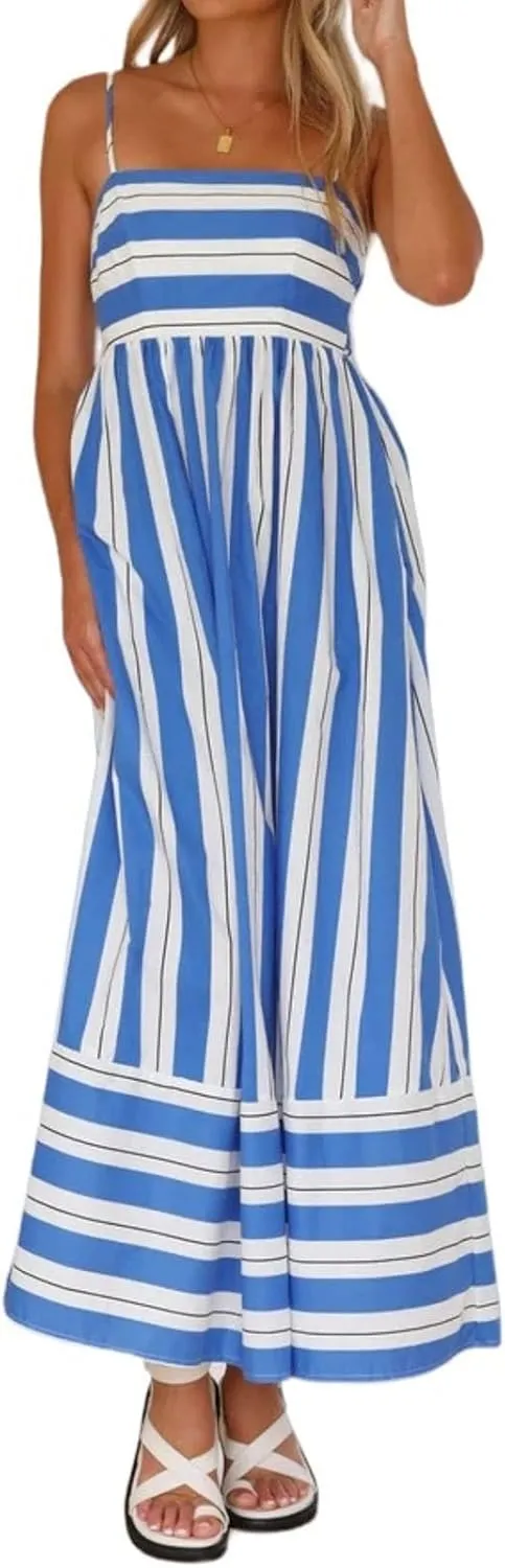 Smocked Dress Women Midi Striped Summer Maxi Dresses Sexy Spaghetti Strap Sleeveless Flowy Swing Boho Cutout Beach