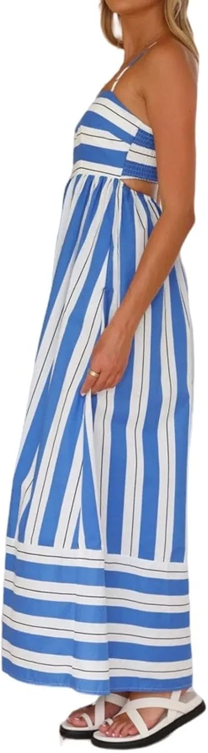 Smocked Dress Women Midi Striped Summer Maxi Dresses Sexy Spaghetti Strap Sleeveless Flowy Swing Boho Cutout Beach