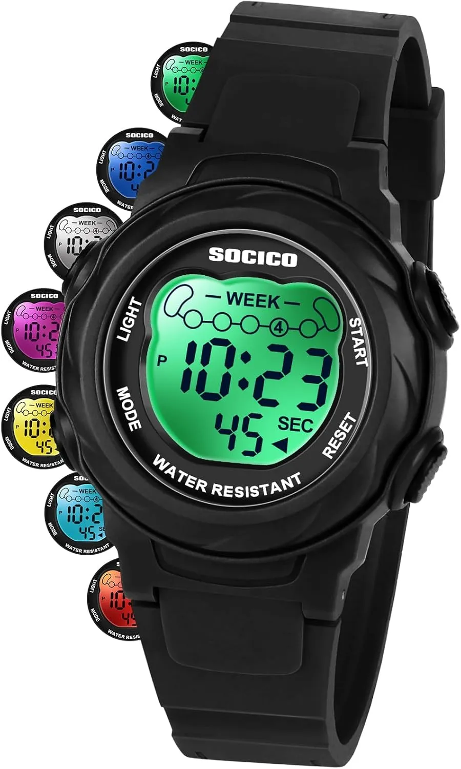 SOCICO Kids Digital Watches for Girls & Boys, Waterproof 5ATM, 7 Color Lights, Alarm Stopwatch, Soft Band Wrist Watch - Christmas Gifts for Kids Ages 5-12