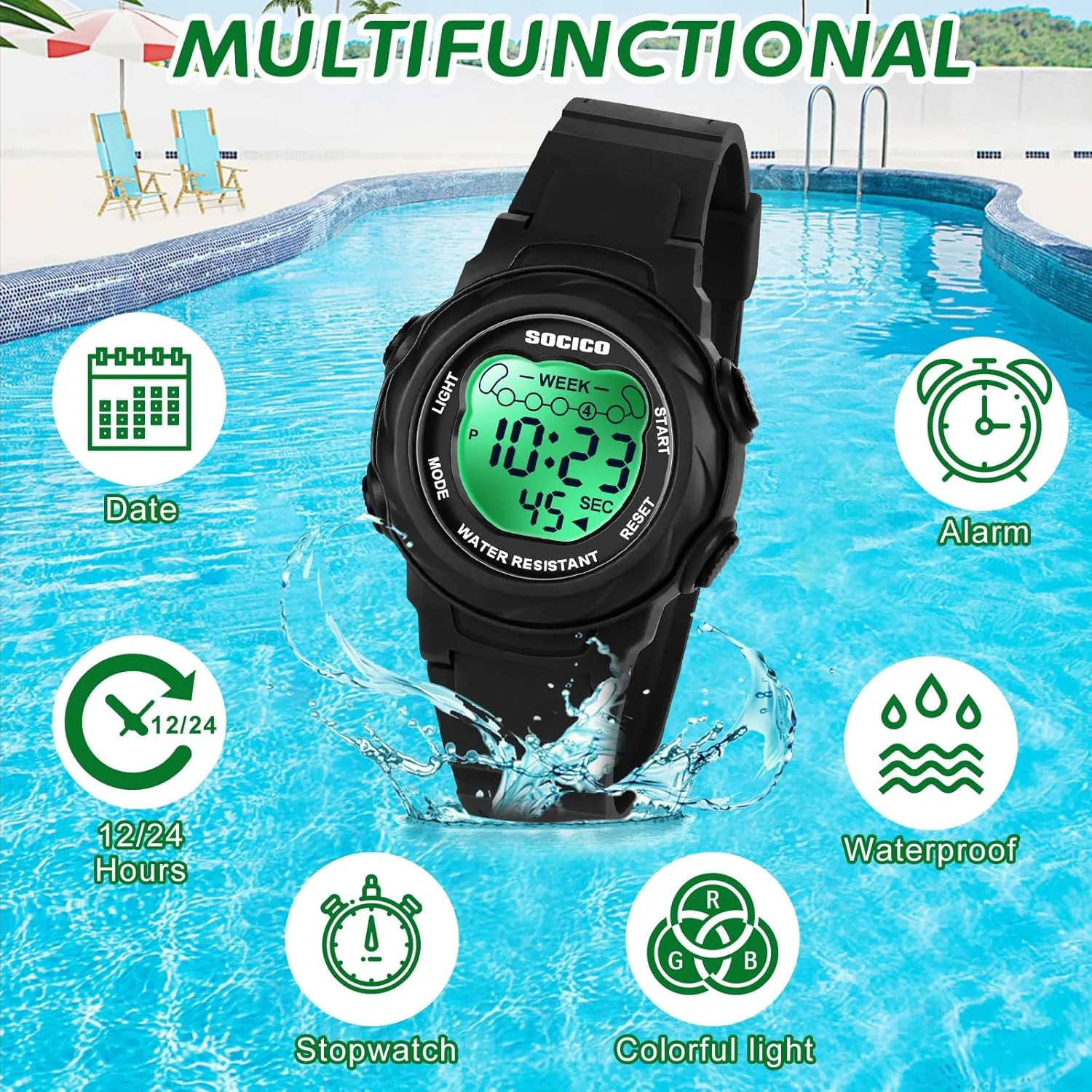 SOCICO Kids Digital Watches for Girls & Boys, Waterproof 5ATM, 7 Color Lights, Alarm Stopwatch, Soft Band Wrist Watch - Christmas Gifts for Kids Ages 5-12