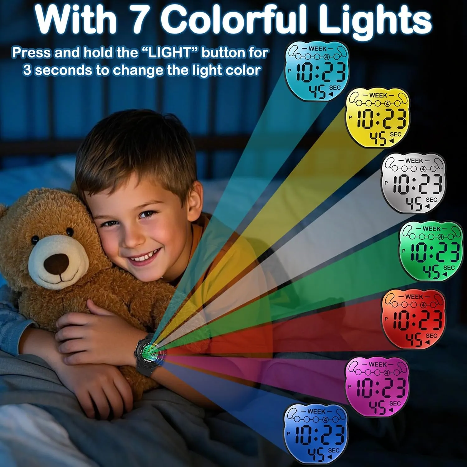 SOCICO Kids Digital Watches for Girls & Boys, Waterproof 5ATM, 7 Color Lights, Alarm Stopwatch, Soft Band Wrist Watch - Christmas Gifts for Kids Ages 5-12