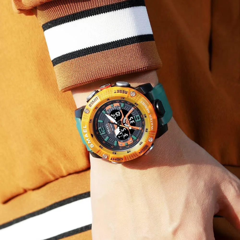 Sport Watches Men Waterproof Male Clock Digital LED Display Quartz Analog Stopwatch Fashion Green Orange Male Clock 8058