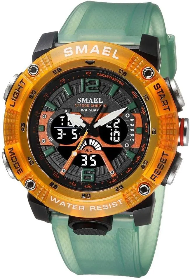 Sport Watches Men Waterproof Male Clock Digital LED Display Quartz Analog Stopwatch Fashion Green Orange Male Clock 8058