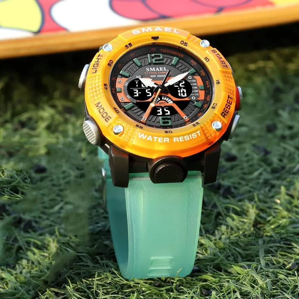 Sport Watches Men Waterproof Male Clock Digital LED Display Quartz Analog Stopwatch Fashion Green Orange Male Clock 8058