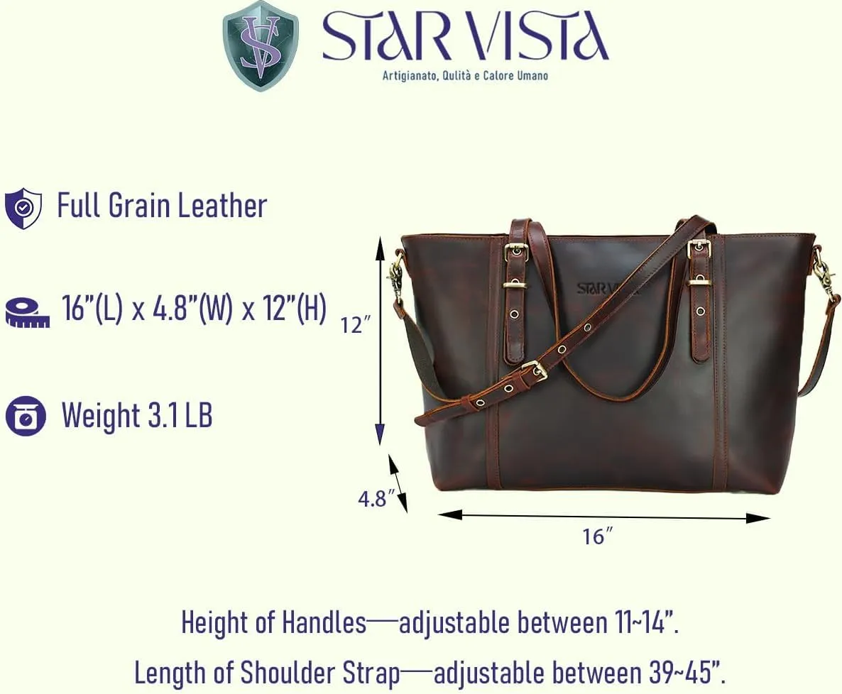 STAR VISTA Scopella Vintage Full Grain Leather Tote Handbag Shoulder bag, YKK Zippers,Adjustable Handles&Strap,Trolley Sleeve