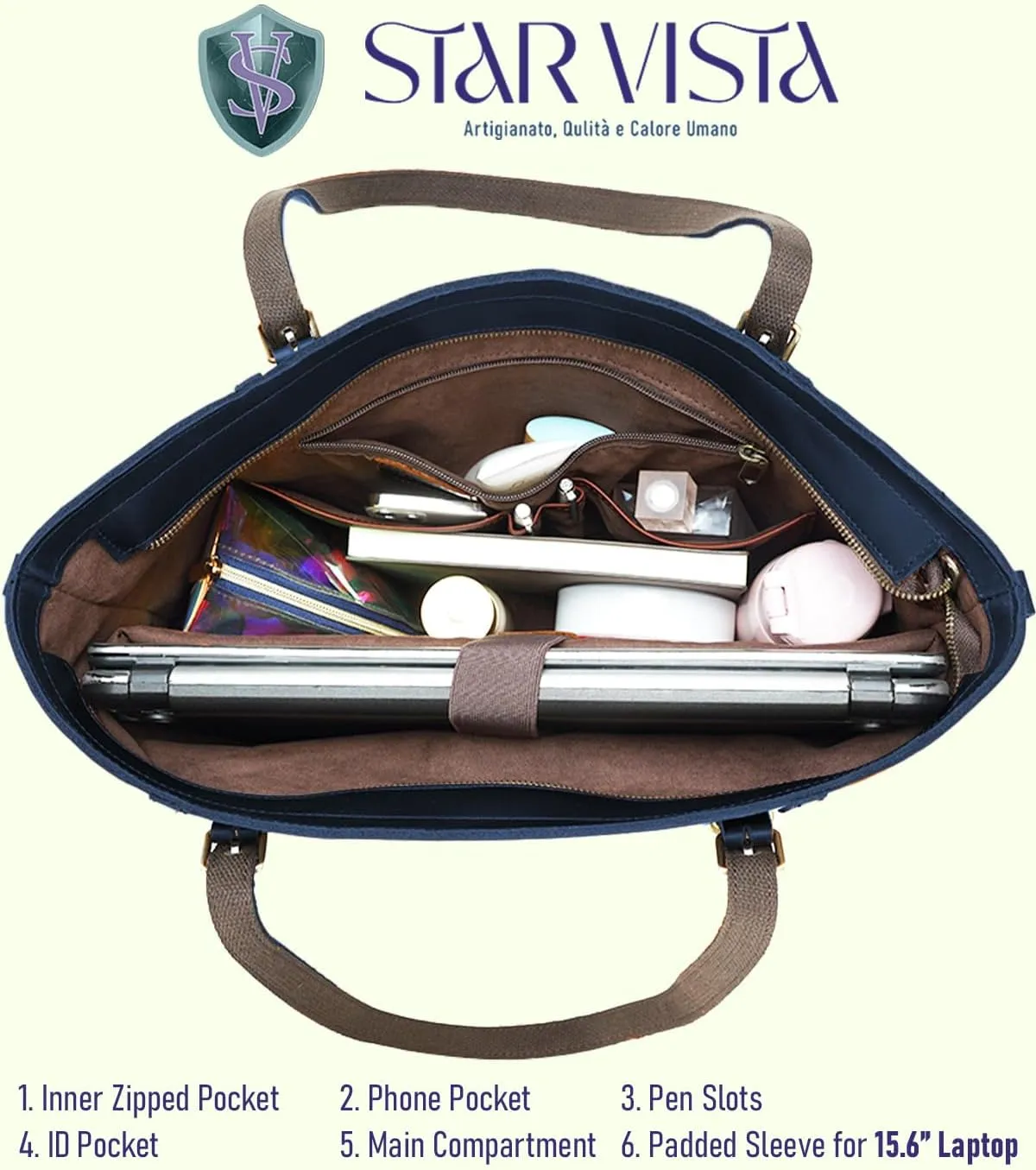 STAR VISTA Scopella Vintage Full Grain Leather Tote Handbag Shoulder bag, YKK Zippers,Adjustable Handles&Strap,Trolley Sleeve