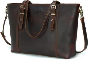 STAR VISTA Scopella Vintage Full Grain Leather Tote Handbag Shoulder bag, YKK Zippers,Adjustable Handles&Strap,Trolley Sleeve