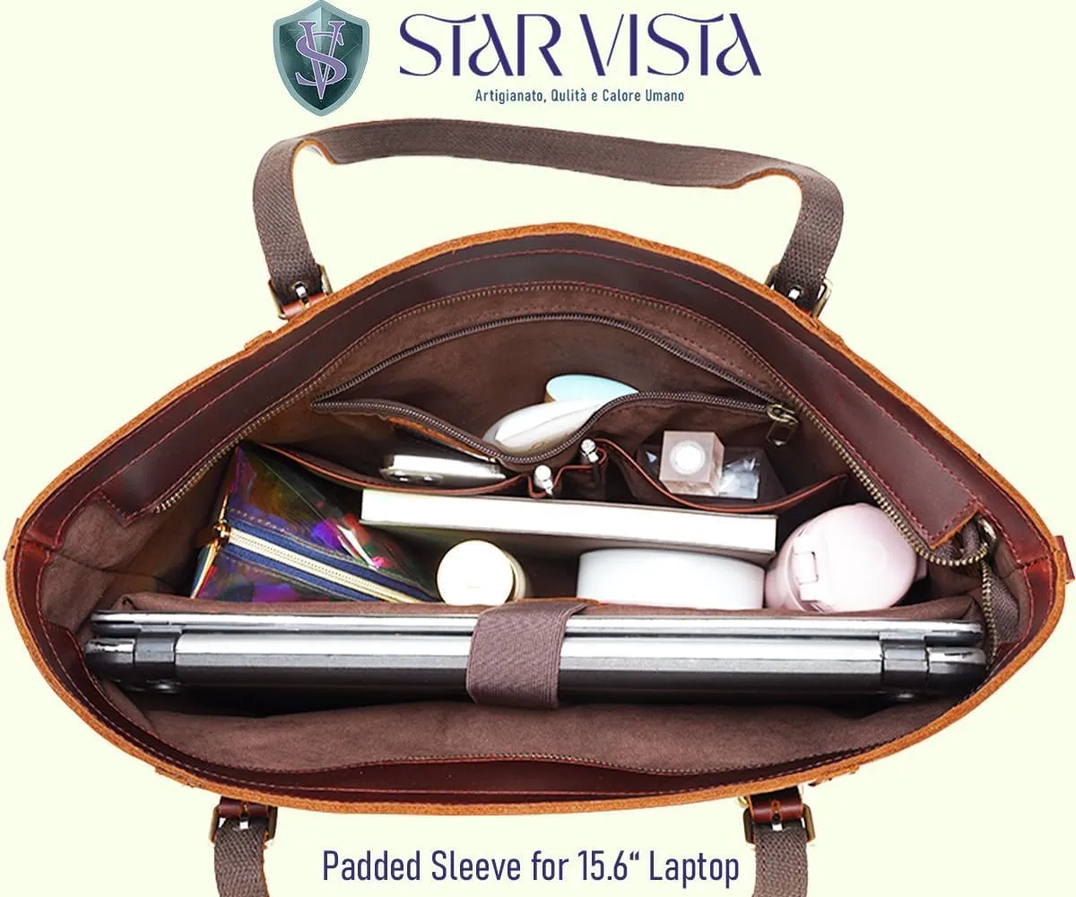 STAR VISTA Scopella Vintage Full Grain Leather Tote Handbag Shoulder bag, YKK Zippers,Adjustable Handles&Strap,Trolley Sleeve