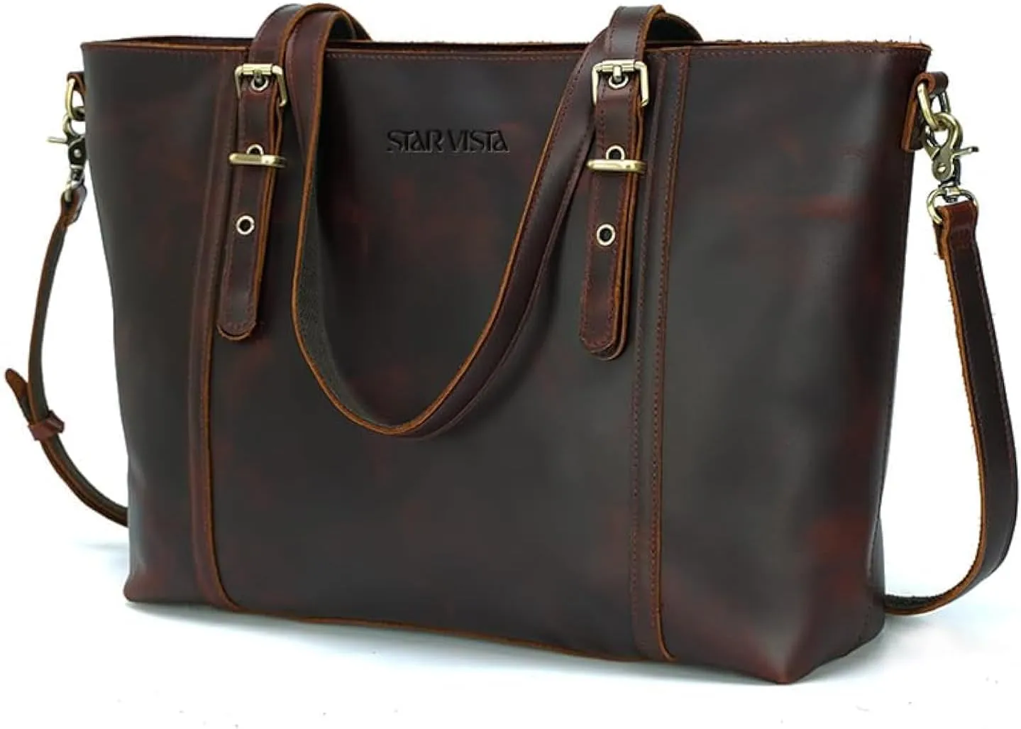 STAR VISTA Scopella Vintage Full Grain Leather Tote Handbag Shoulder bag, YKK Zippers,Adjustable Handles&Strap,Trolley Sleeve
