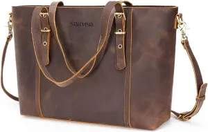 STAR VISTA Scopella Vintage Full Grain Leather Tote Handbag Shoulder bag, YKK Zippers,Adjustable Handles&Strap,Trolley Sleeve
