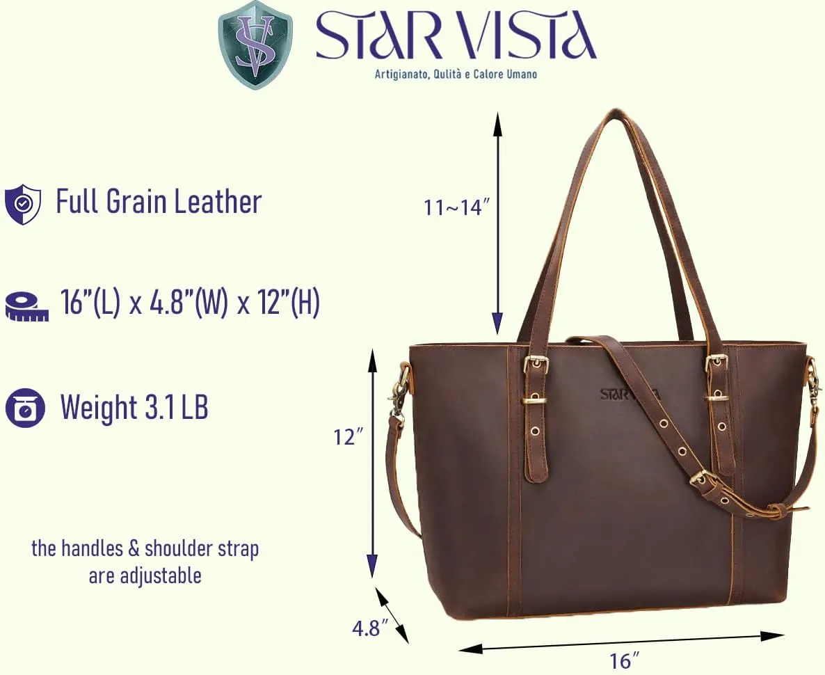 STAR VISTA Scopella Vintage Full Grain Leather Tote Handbag Shoulder bag, YKK Zippers,Adjustable Handles&Strap,Trolley Sleeve