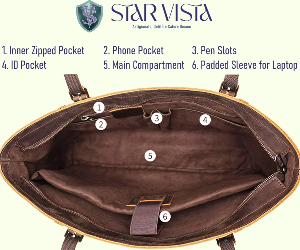STAR VISTA Scopella Vintage Full Grain Leather Tote Handbag Shoulder bag, YKK Zippers,Adjustable Handles&Strap,Trolley Sleeve