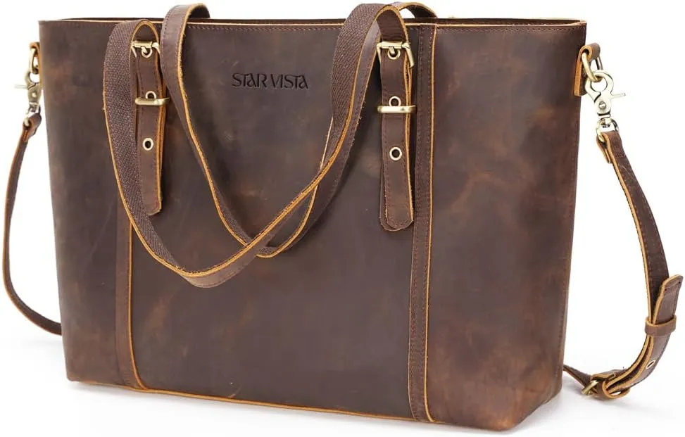 STAR VISTA Scopella Vintage Full Grain Leather Tote Handbag Shoulder bag, YKK Zippers,Adjustable Handles&Strap,Trolley Sleeve